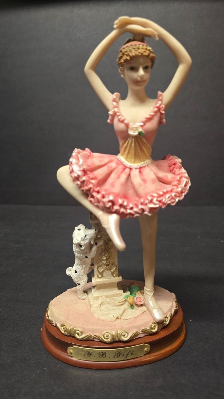 Y B Gift Pink Ballerina Resin Figurine Dog Flowers Wooden Base Decor *flaw